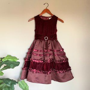 Burgundy velvet dress with ruffles for Holiday